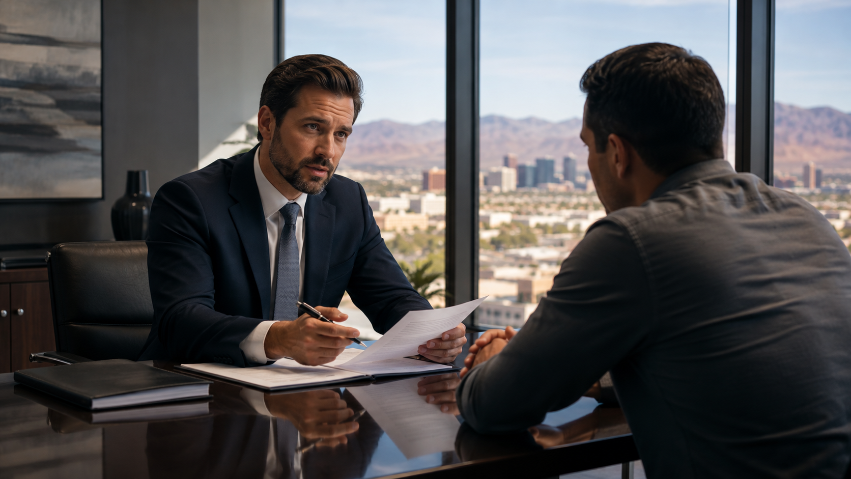 Criminal defense attorney reviewing legal documents with a client in Henderson, NV