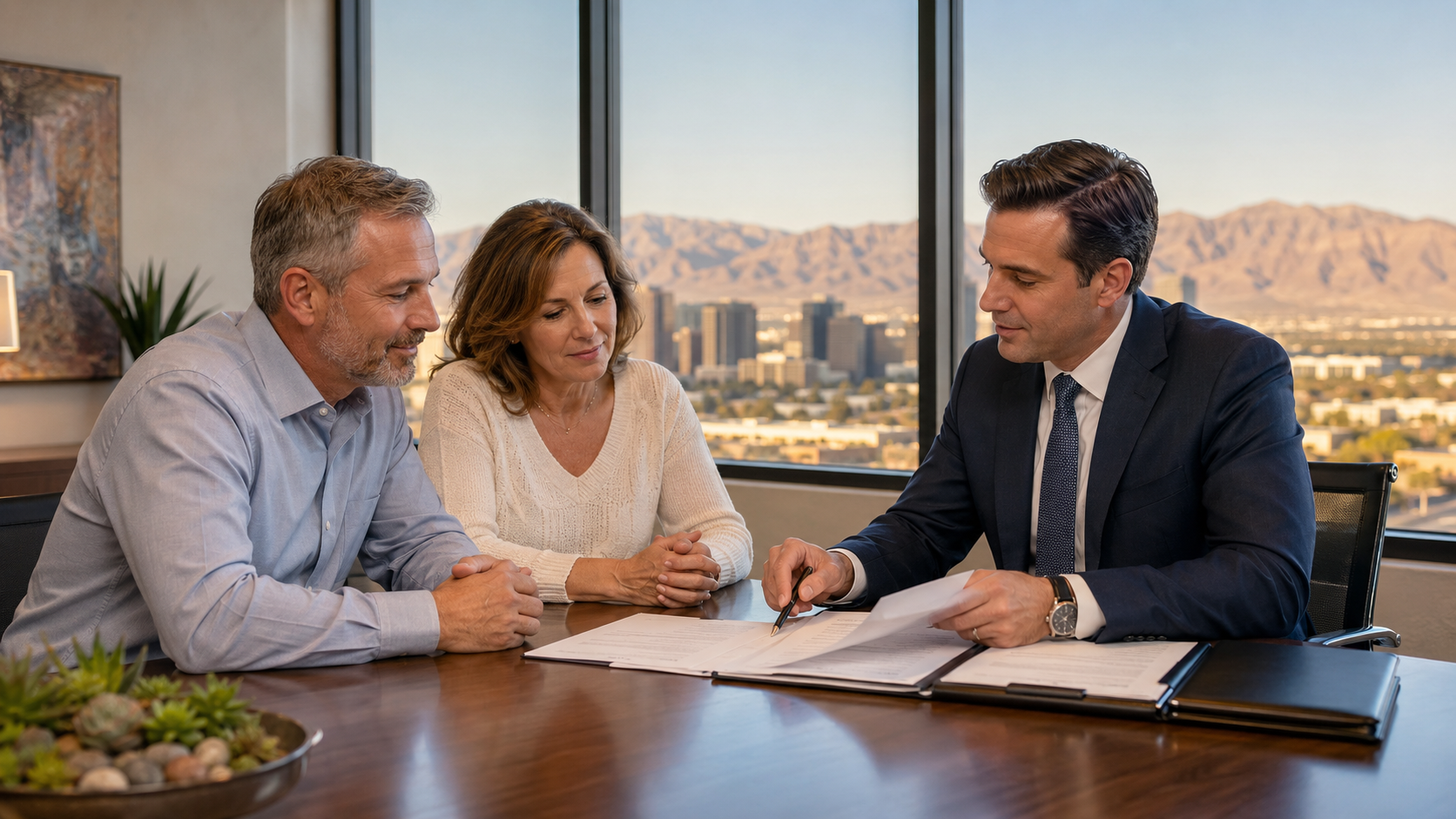 Wills attorney reviewing estate planning documents with a couple in Henderson, NV